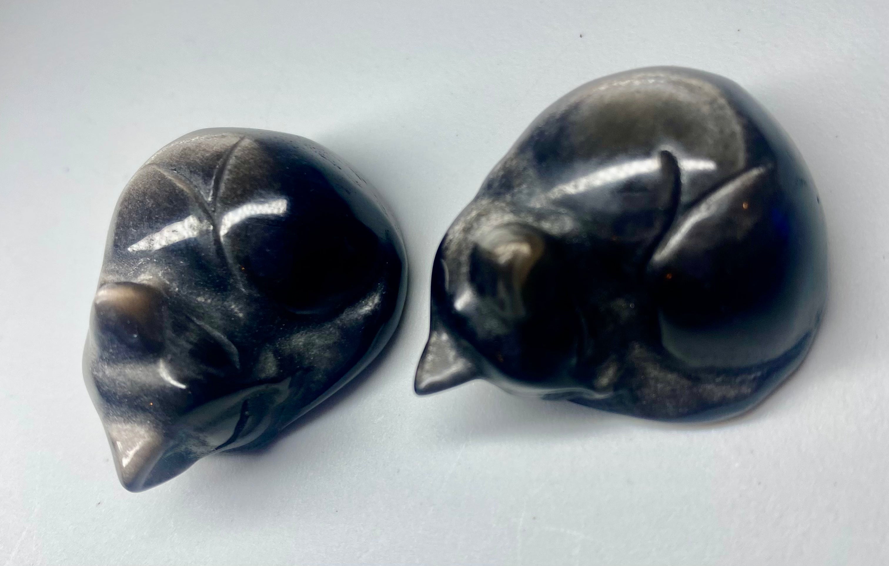 Carved Silver Obsidian Sleeping Kitty