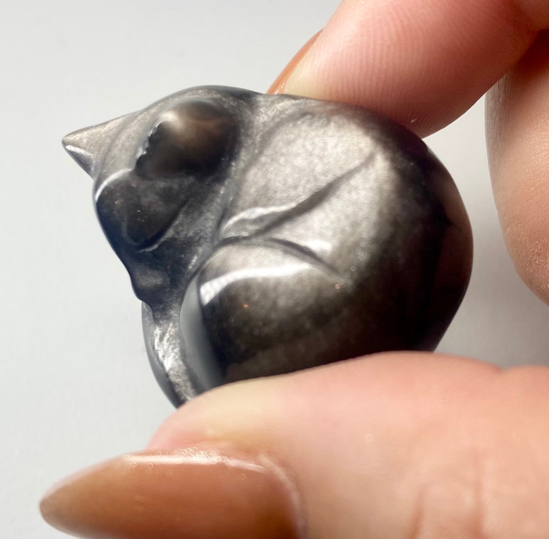 Carved Silver Obsidian Sleeping Kitty