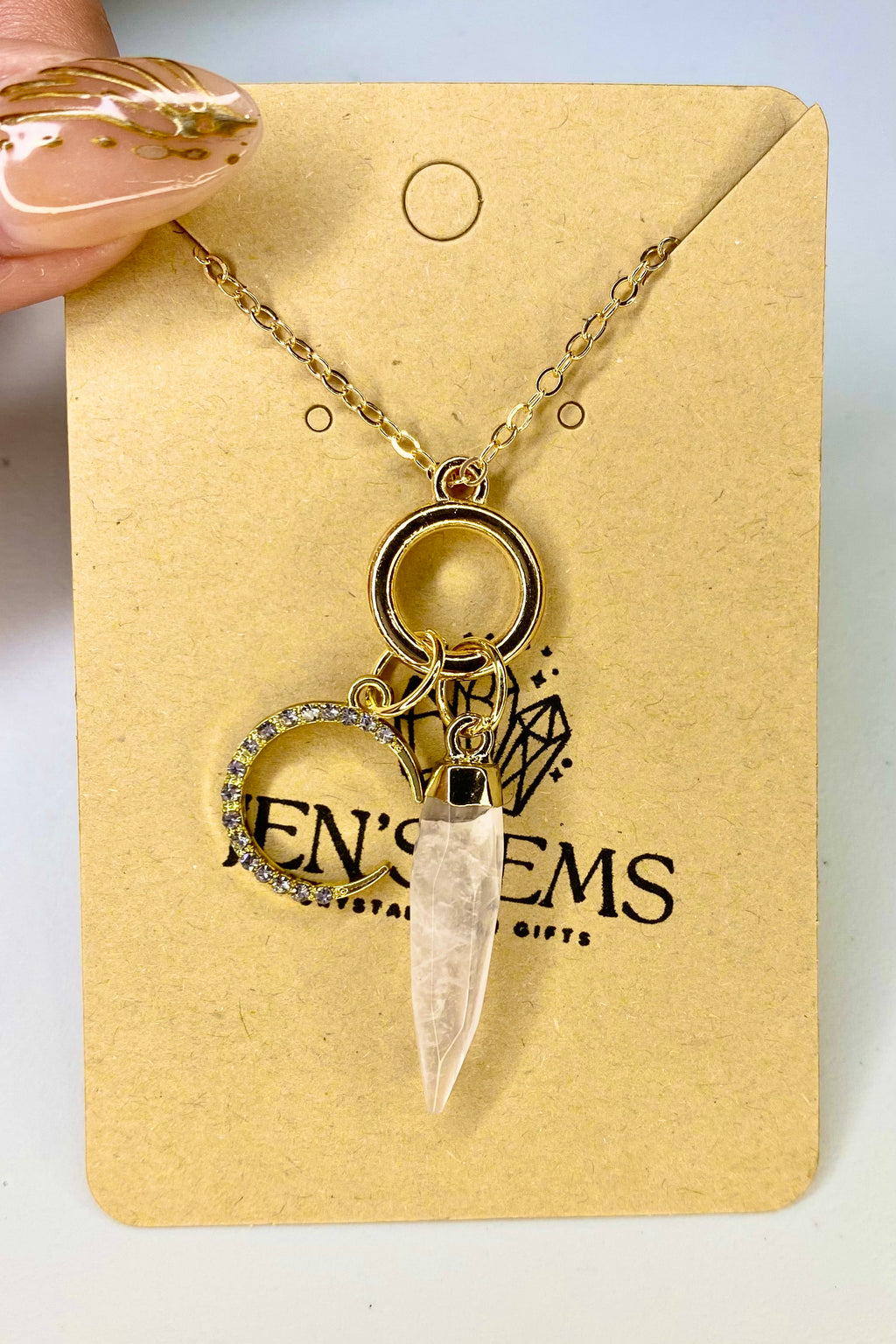 Gold Tone Clear Quartz Point Necklace