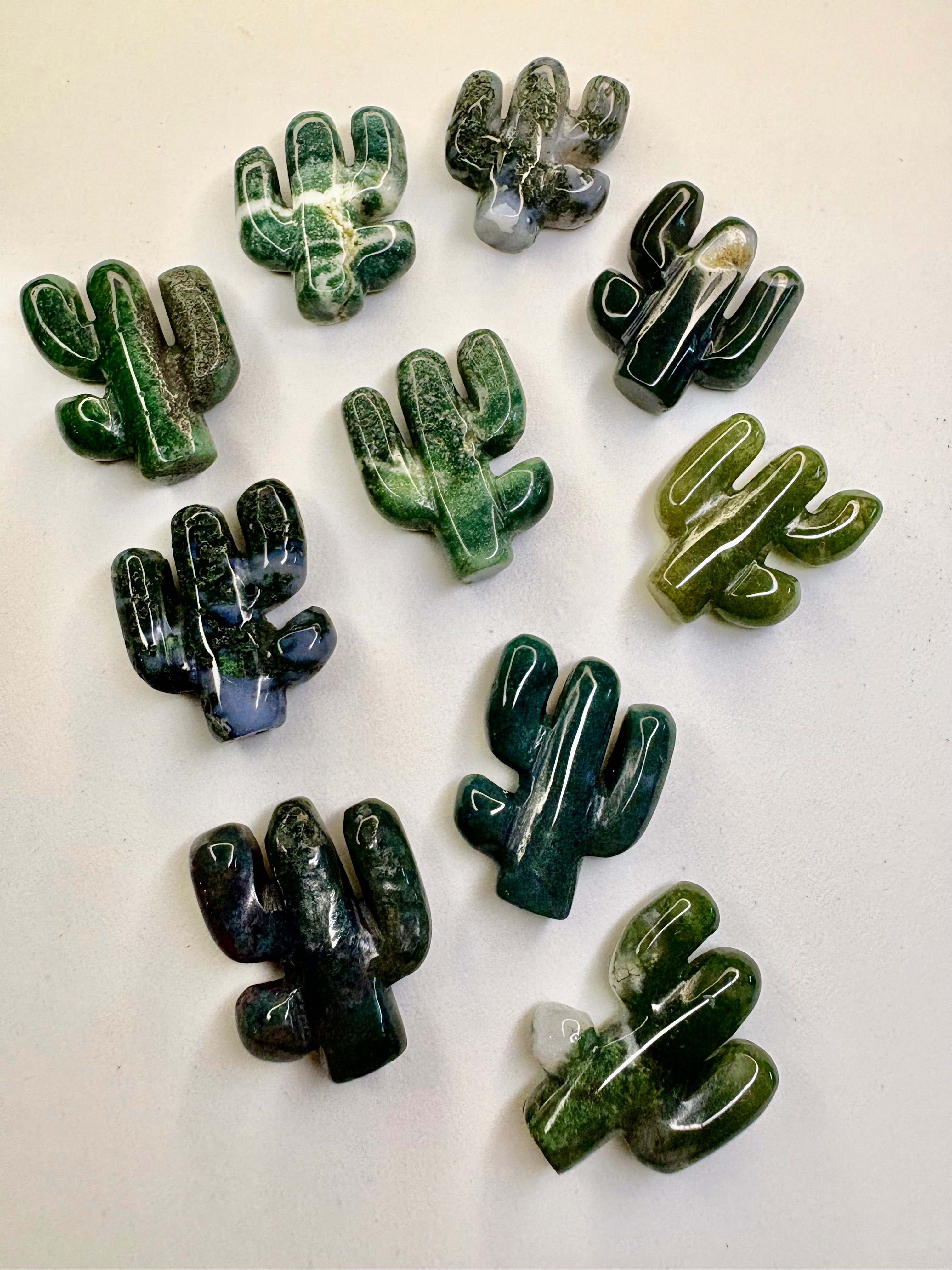 Carved Moss Agate Cactus