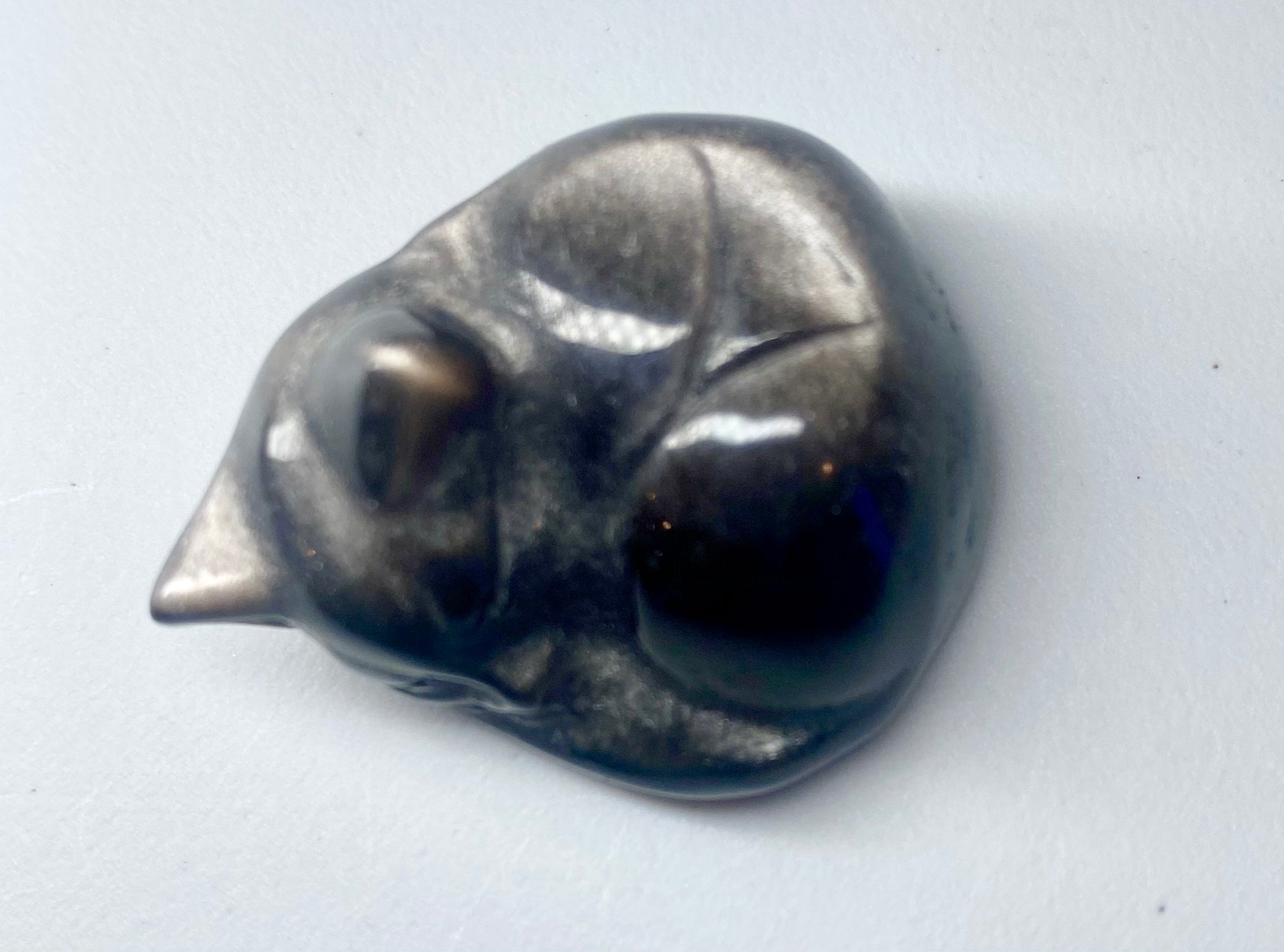 Carved Silver Obsidian Sleeping Kitty
