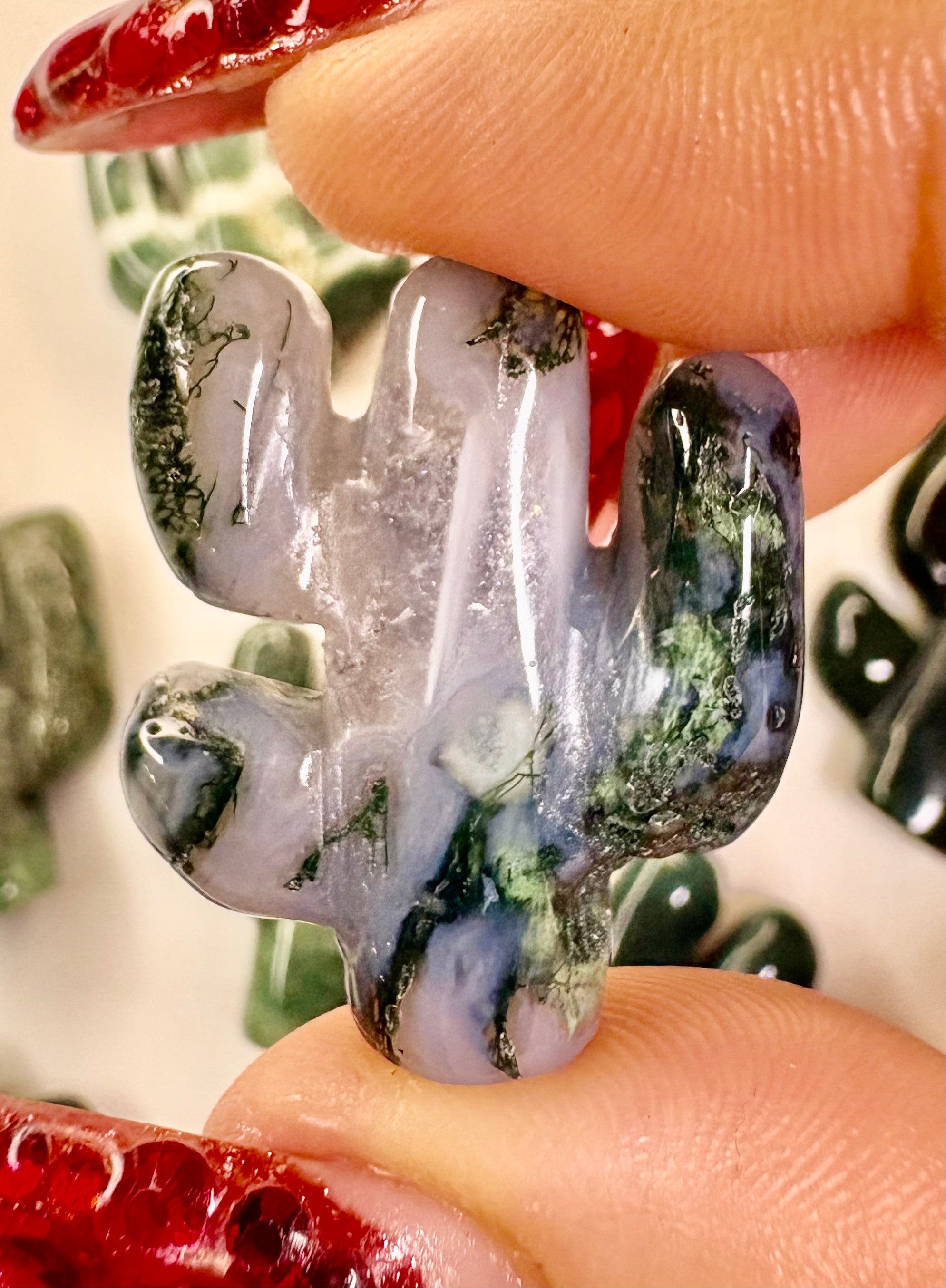 Carved Moss Agate Cactus