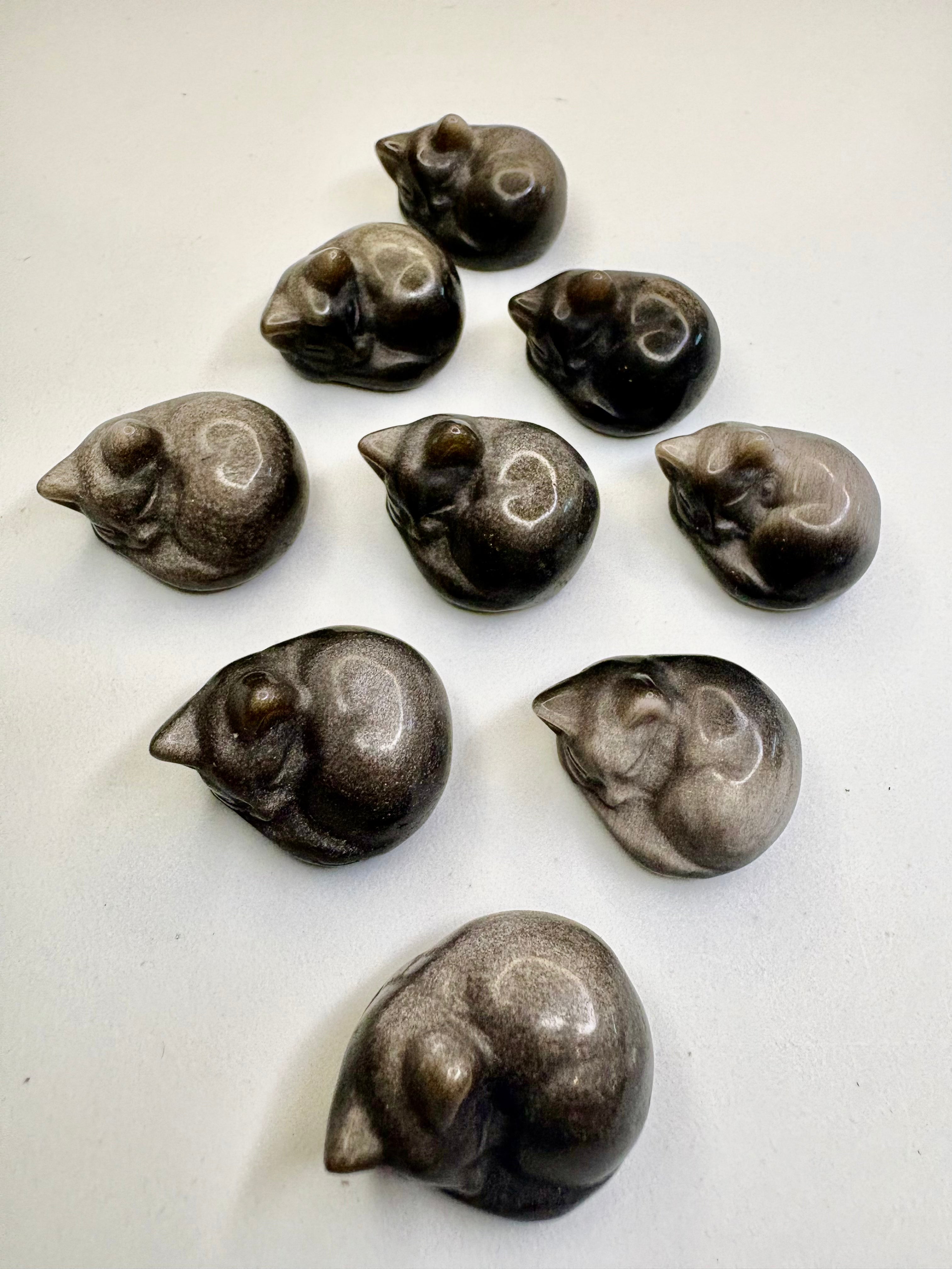 Silver Sheen Obsidian Carved Cats